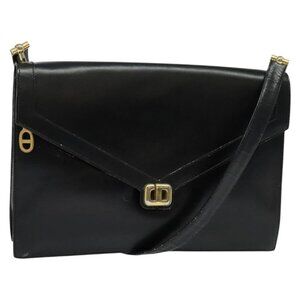 Authentic Christian Dior Shoulder Bag Leather Black Gold